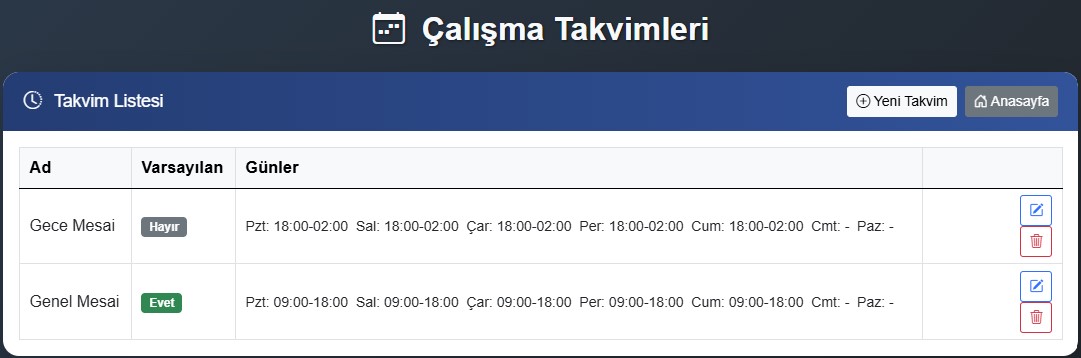 Çalışma Takvimleri